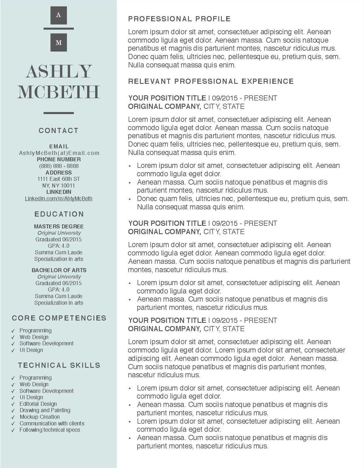 Ashly McBeth - Downloadable Resume + Cover Template and Cover Letter Template for Microsoft Word and Apple Pages. This cover letter template is perfect for anyone in the fashion field. The template’s design is a modern, unique, colorful, and professional. WE SWEAT THE DETAILS, SO YOU DON’T HAVE TO Stand Out Shop resume templates for Microsoft Word and Apple Pages will help you design a modern and professional resume in minutes! Simply download, open in Microsoft Word or Apple Pages, and input your resume’s information. Increase your chances of landing your dream job with a job winning, modern, simple, and scannable resume template for Microsoft Word and Apple Pages. Creating a resume shouldn’t suck Simply download a resume template from Stand Out Shop, enter your information in Microsoft Word or Apple Pages and get a beautifully formatted resume in seconds. Create a unique and vivid resume in minutes. Make an impressive resume. Customize your own layout in Microsoft Word or Apple Pages and introduce yourself in an impressive way. You can download your resume at any time. Stand out from other job seekers with a beautiful professional design.