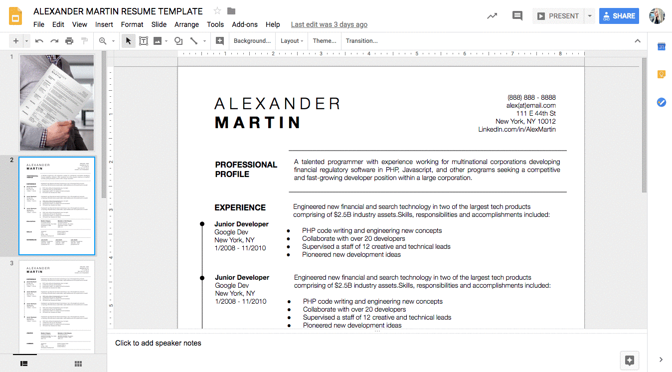Alexander Martin Google Docs CV Resume Template Stand Out Shop
